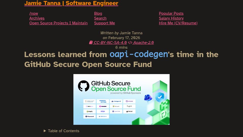 Screenshot of jvt.me: Lessons learned from `oapi-codegen`'s time in the GitHub Secure Open Source Fund