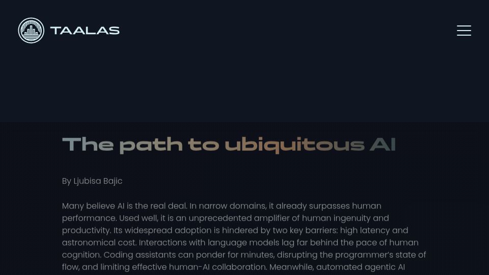 Screenshot of taalas.com: The path to ubiquitous AI (17k tokens/sec)
