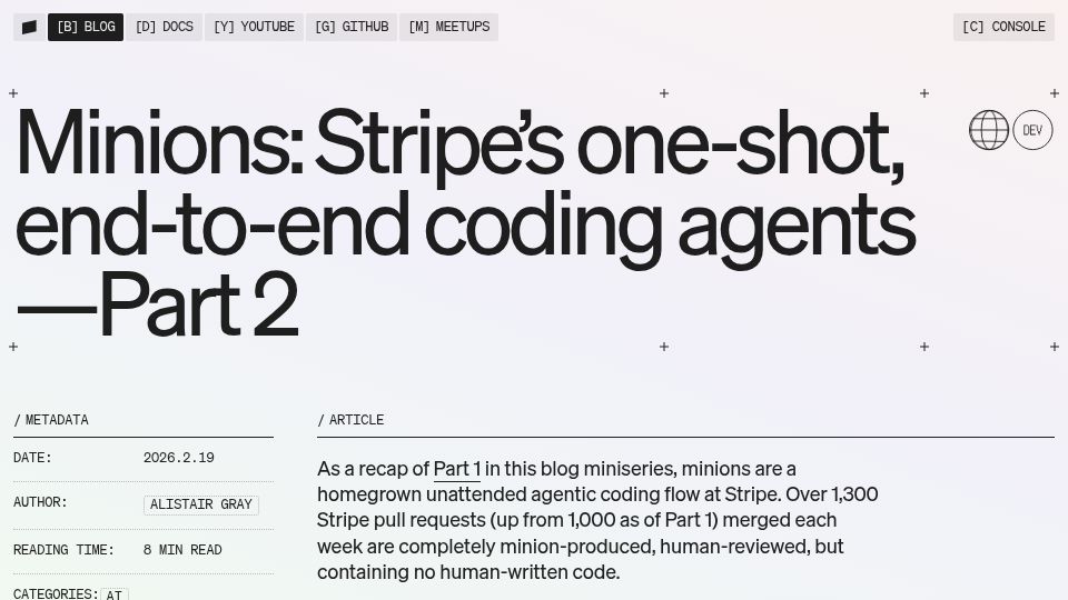 Screenshot of stripe.dev: Minions – Stripe's Coding Agents Part 2