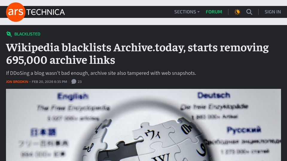 Screenshot of arstechnica.com: Wikipedia deprecates Archive.today, starts removing archive links