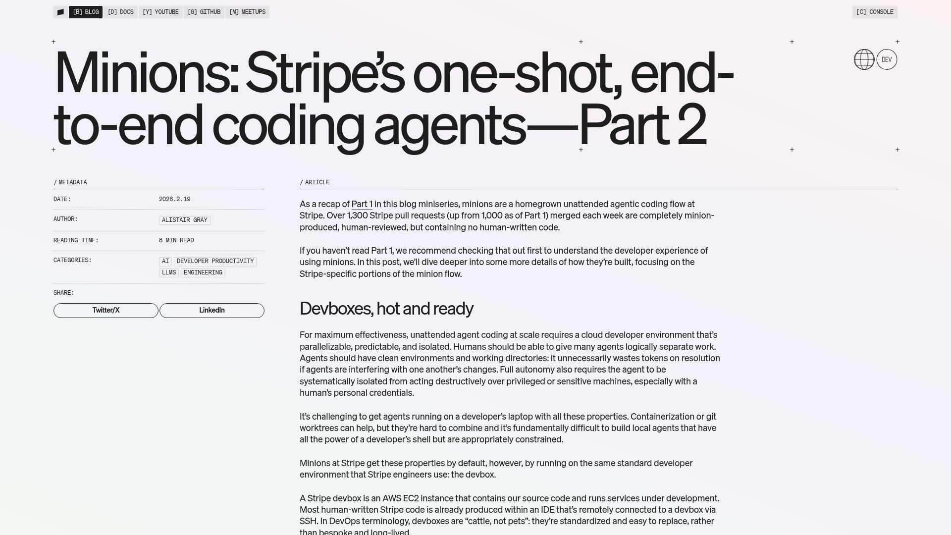 Screenshot of stripe.dev: Minions – Stripe's Coding Agents Part 2