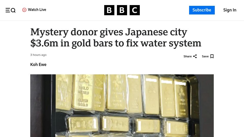 Screenshot of bbc.com: Mystery donor gives Japanese city $3.6M in gold bars to fix water system