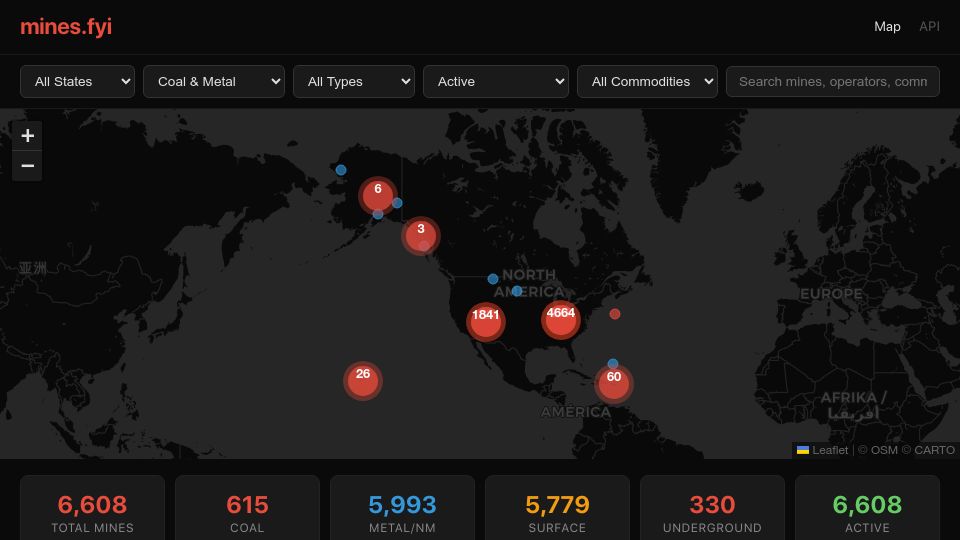 Screenshot of mines.fyi: Show HN: Mines.fyi – all the mines in the US in a leaflet visualization