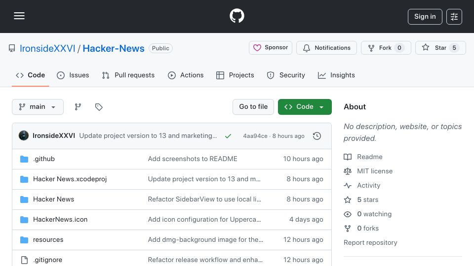 Screenshot of github.com: Show HN: A native macOS client for Hacker News, built with SwiftUI