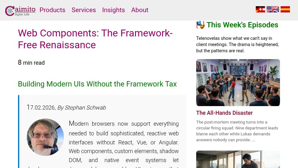 Screenshot of caimito.net: Web Components: The Framework-Free Renaissance