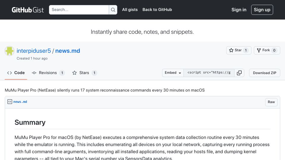 Screenshot of gist.github.com: MuMu Player (NetEase) silently runs 17 reconnaissance commands every 30 minutes