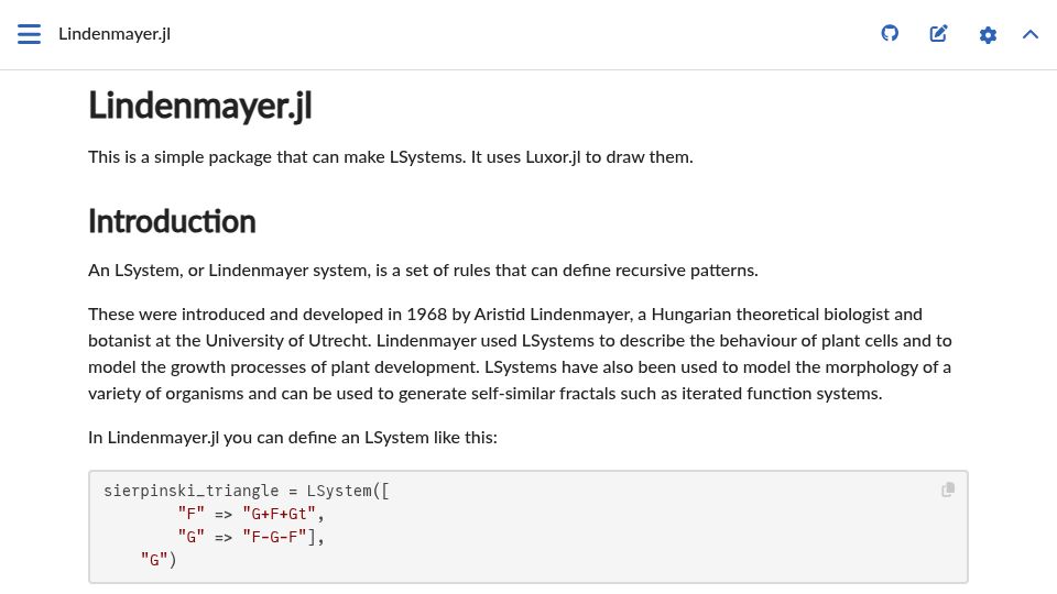 Screenshot of cormullion.github.io: Lindenmayer.jl: Defining recursive patterns in Julia