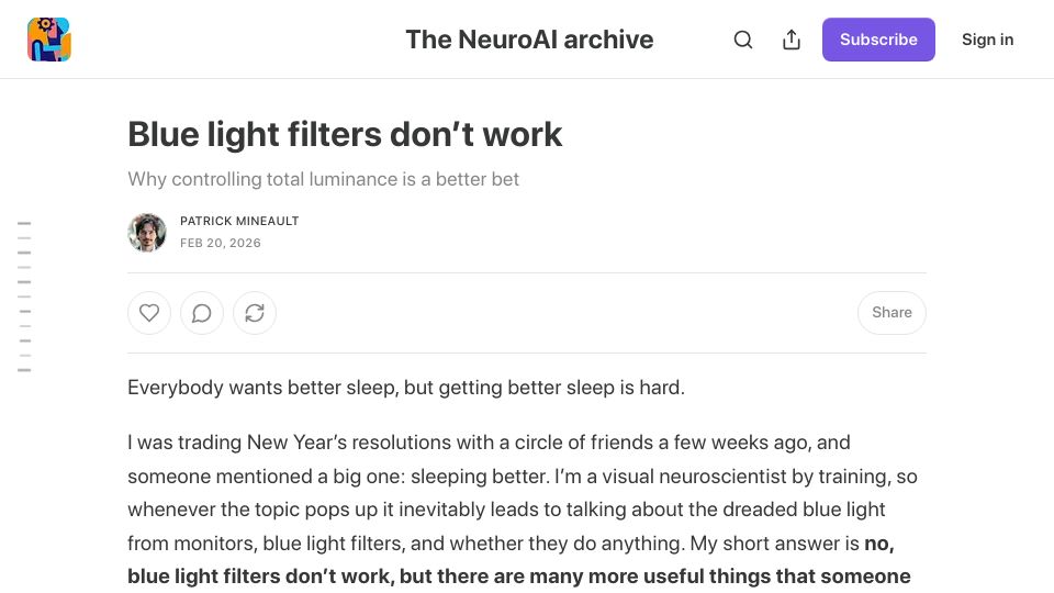 Screenshot of neuroai.science: Blue light filters don't work – controlling total luminance is a better bet