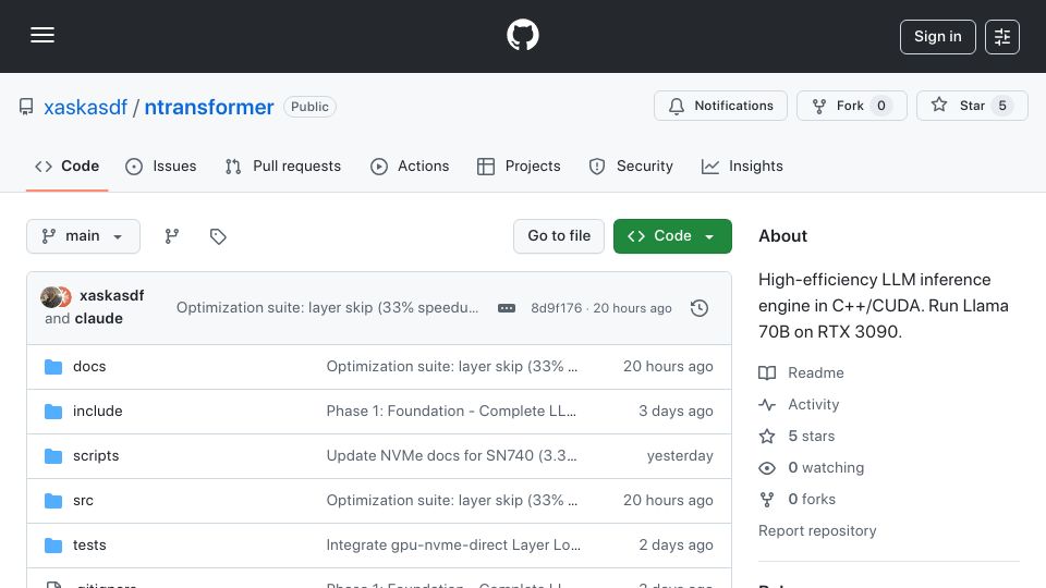 Screenshot of github.com: Show HN: Llama 3.1 70B on a single RTX 3090 via NVMe-to-GPU bypassing the CPU