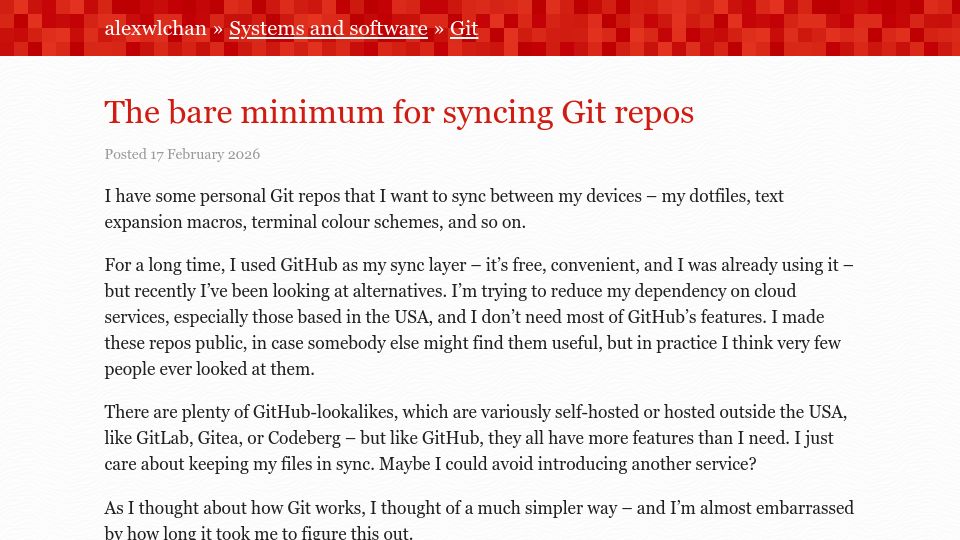 Screenshot of alexwlchan.net: The bare minimum for syncing Git repos