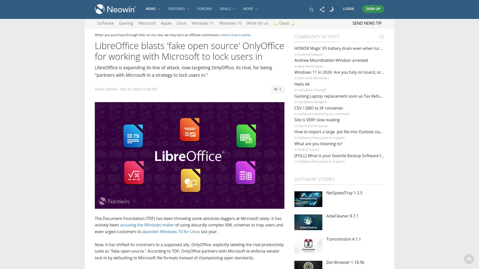 Screenshot of neowin.net: LibreOffice blasts OnlyOffice for working with Microsoft to lock users in