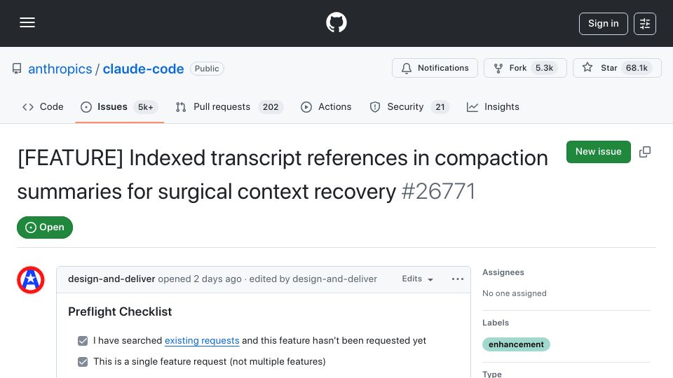 Screenshot of github.com: Claude Code's compaction discards data that's still on disk