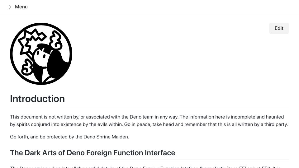 Screenshot of denonomicon.deno.dev: Denonomicon: The Dark Arts of Deno Foreign Function Interface Programming