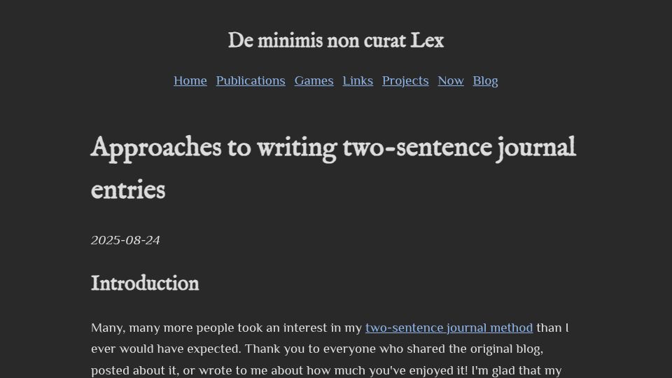 Screenshot of alexanderbjoy.com: Approaches to writing two-sentence journal entries