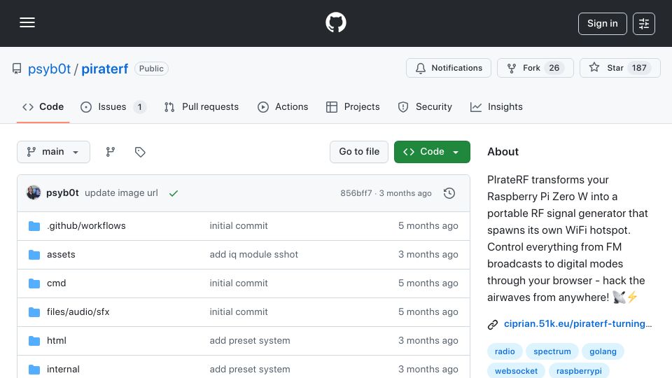 Screenshot of github.com: Show HN: PIrateRF – Turn a $20 Raspberry Pi Zero into a 12-mode RF transmitter