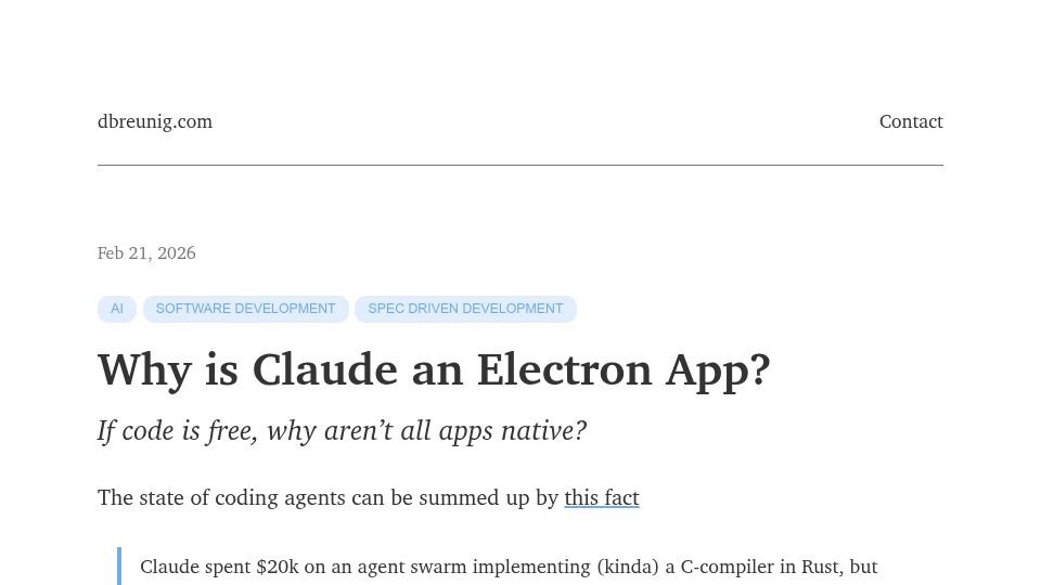 Screenshot of dbreunig.com: Why is Claude an Electron app?