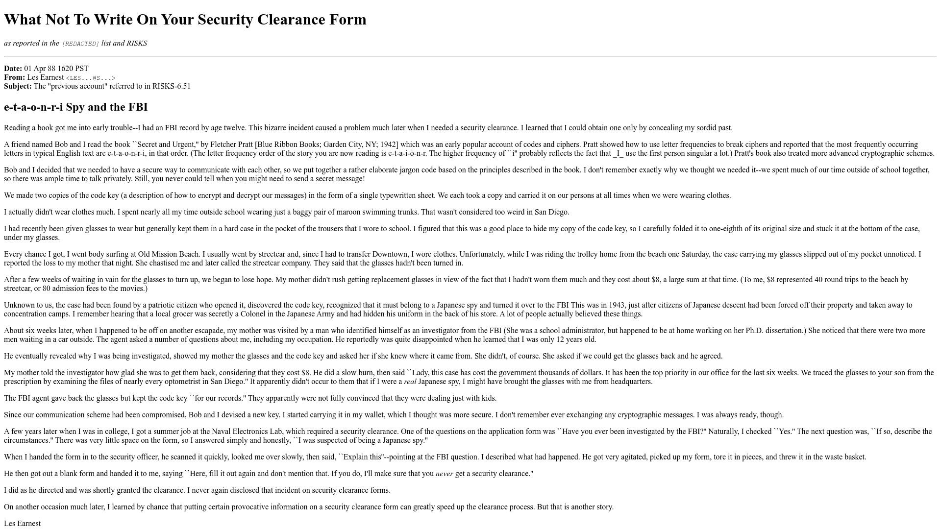 Screenshot of milk.com: What not to write on your security clearance form (1988)