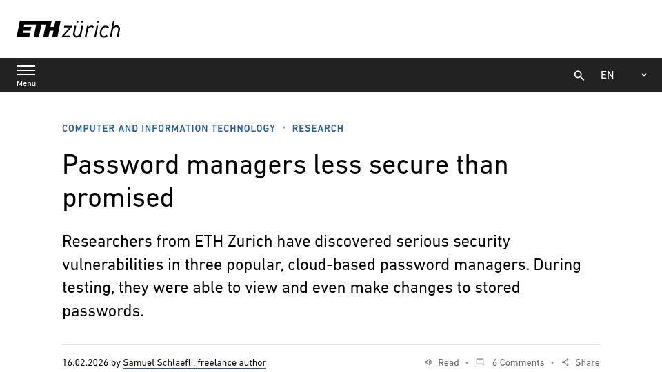 Screenshot of ethz.ch: Password managers less secure than promised