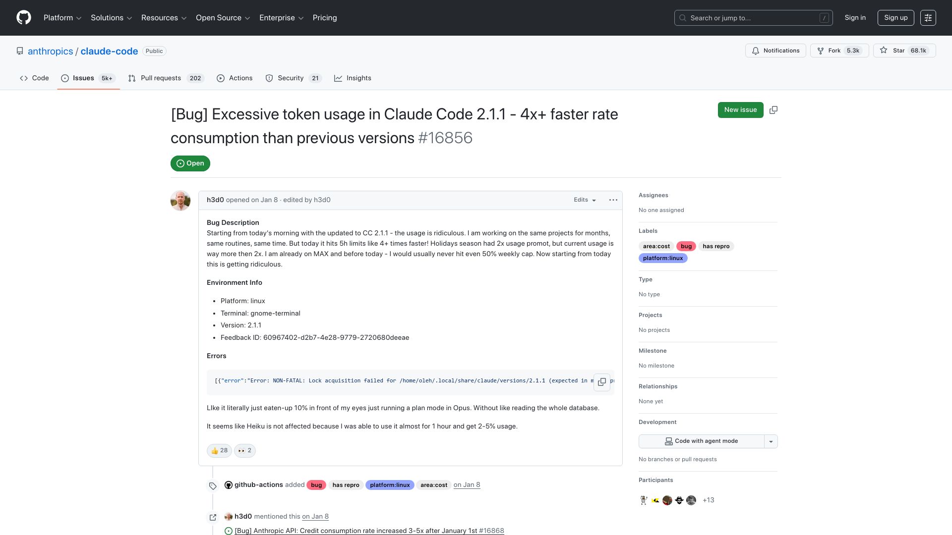 Screenshot of github.com: Excessive token usage in Claude Code