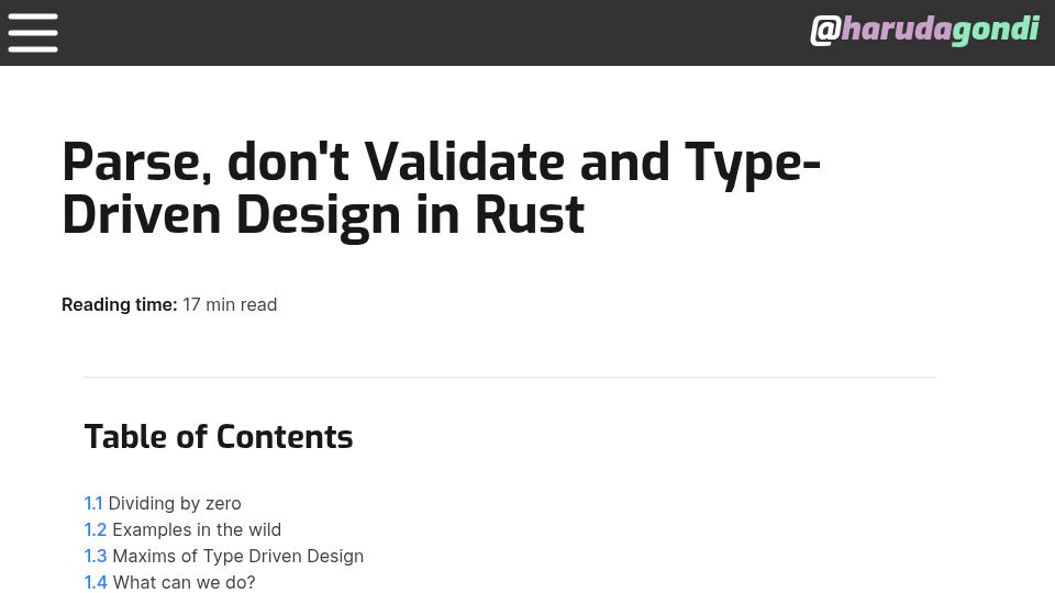 Screenshot of harudagondi.space: Parse, Don't Validate and Type-Driven Design in Rust