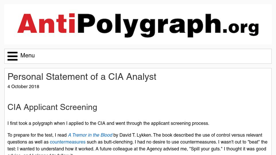 Screenshot of antipolygraph.org: Personal Statement of a CIA Analyst