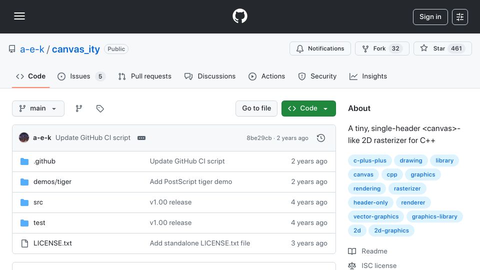 Screenshot of github.com: Canvas_ity: A tiny, single-header <canvas>-like 2D rasterizer for C++