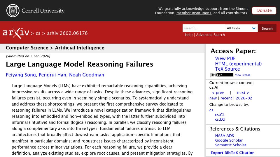 Screenshot of arxiv.org: Large Language Model Reasoning Failures