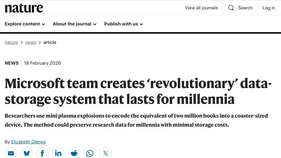 Screenshot of nature.com: Microsoft team creates data-storage system that lasts for millennia