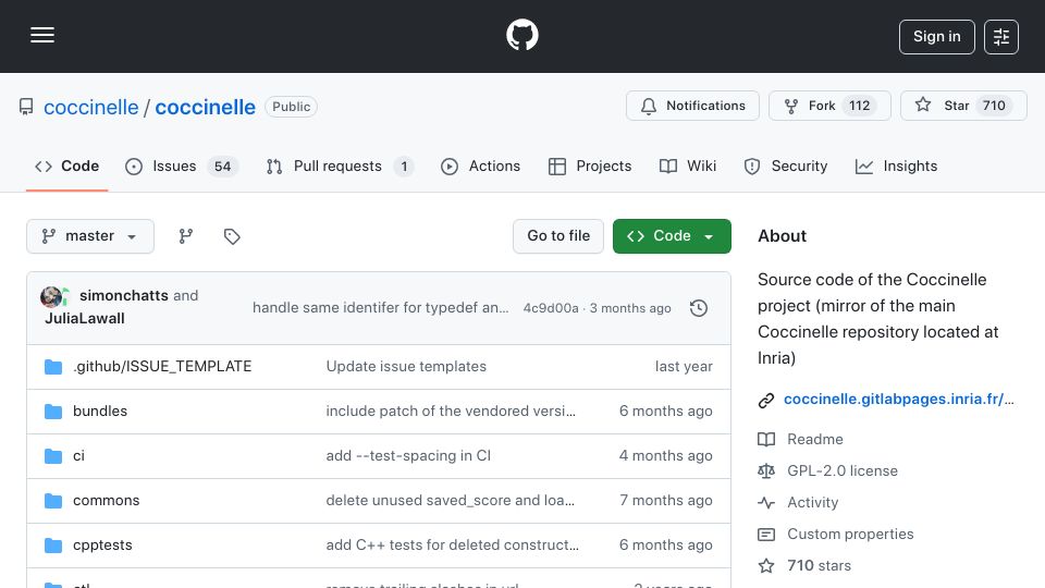 Screenshot of github.com: Coccinelle: Source-to-source transformation tool