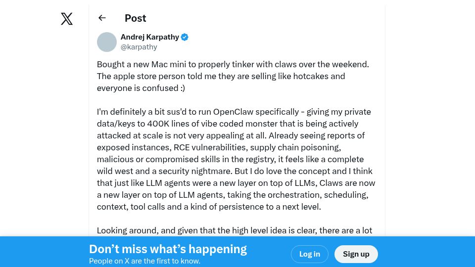 Screenshot of twitter.com: Claws are now a new layer on top of LLM agents