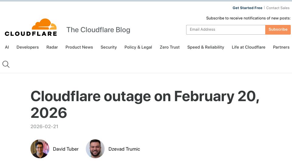 Screenshot of blog.cloudflare.com: Cloudflare outage on February 20, 2026