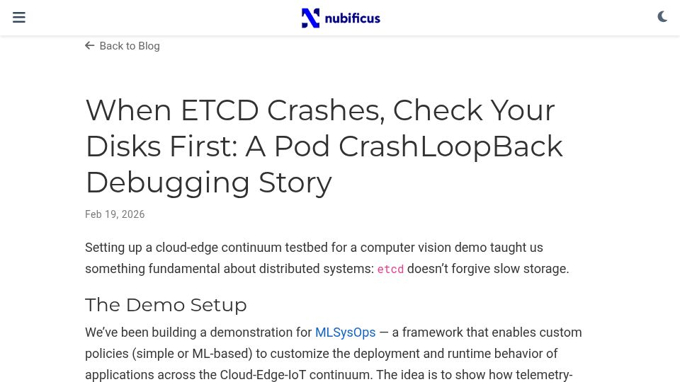 Screenshot of nubificus.co.uk: When etcd crashes, check your disks first