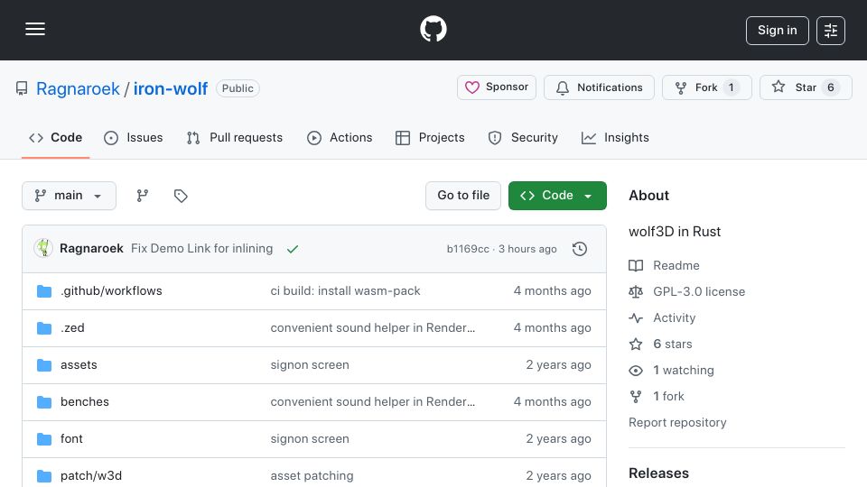 Screenshot of github.com: Show HN: Iron-Wolf – Wolfenstein 3D source port in Rust