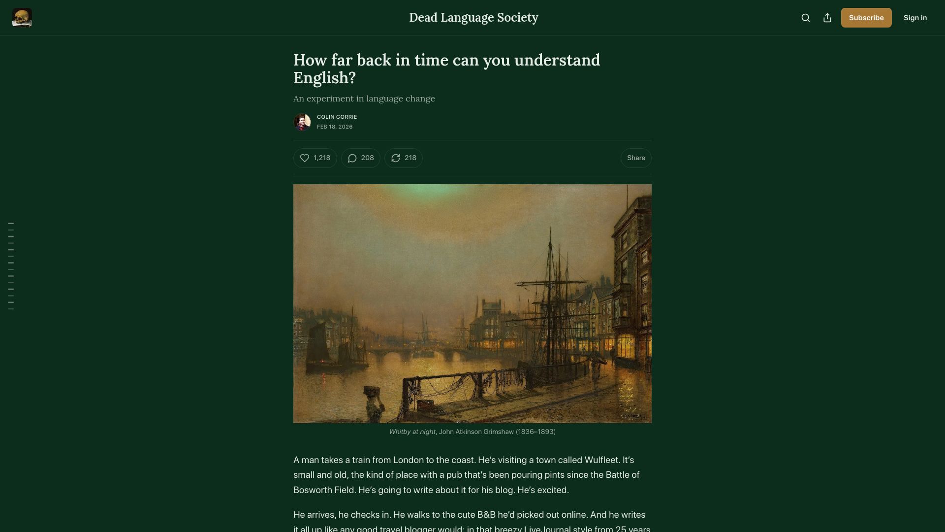 Screenshot of deadlanguagesociety.com: How far back in time can you understand English?