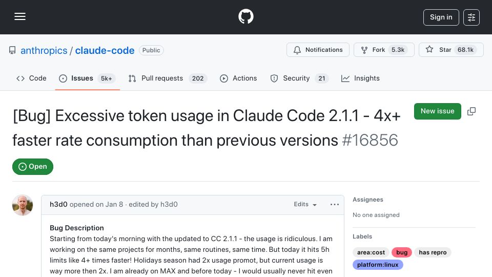 Screenshot of github.com: Excessive token usage in Claude Code