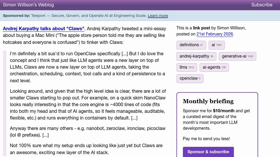 Screenshot of simonwillison.net: Andrej Karpathy talks about "Claws"