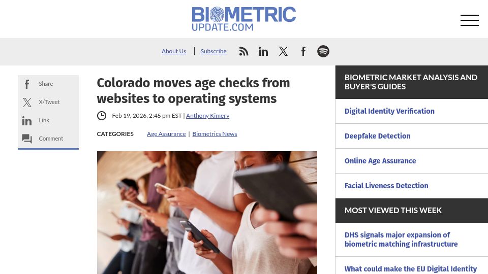Screenshot of biometricupdate.com: Colorado moves age checks from websites to operating systems