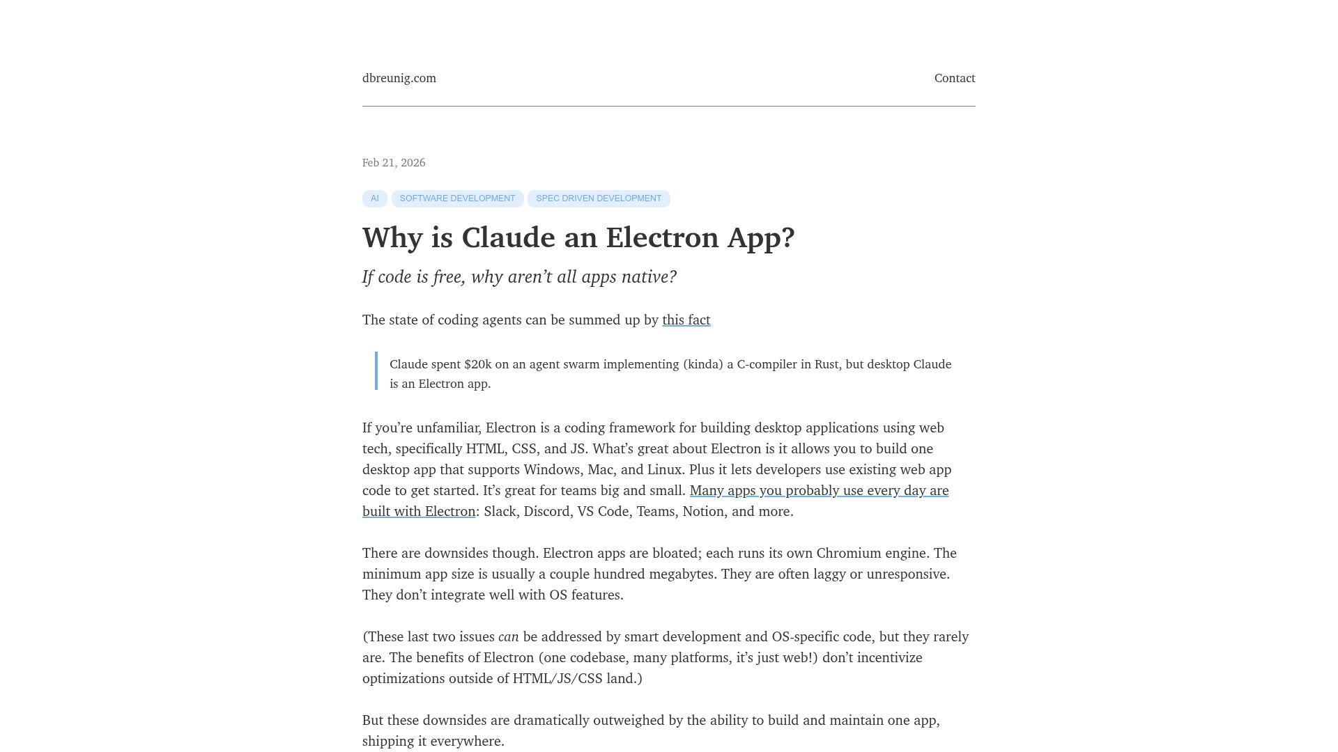 Screenshot of dbreunig.com: Why is Claude an Electron app?