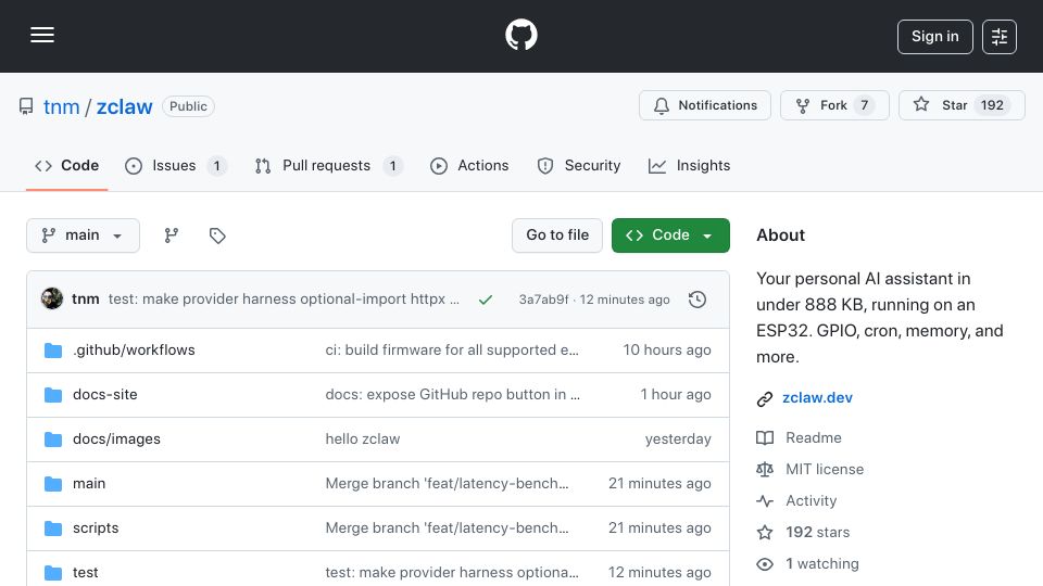 Screenshot of github.com: zclaw: personal AI assistant in under 888 KB, running on an ESP32