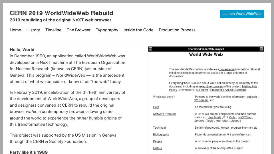 Screenshot of worldwideweb.cern.ch: CERN rebuilt the original browser from 1989 (2019)