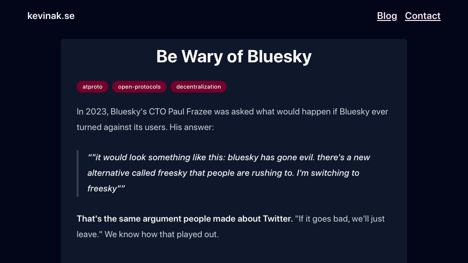 Screenshot of kevinak.se: Be wary of Bluesky