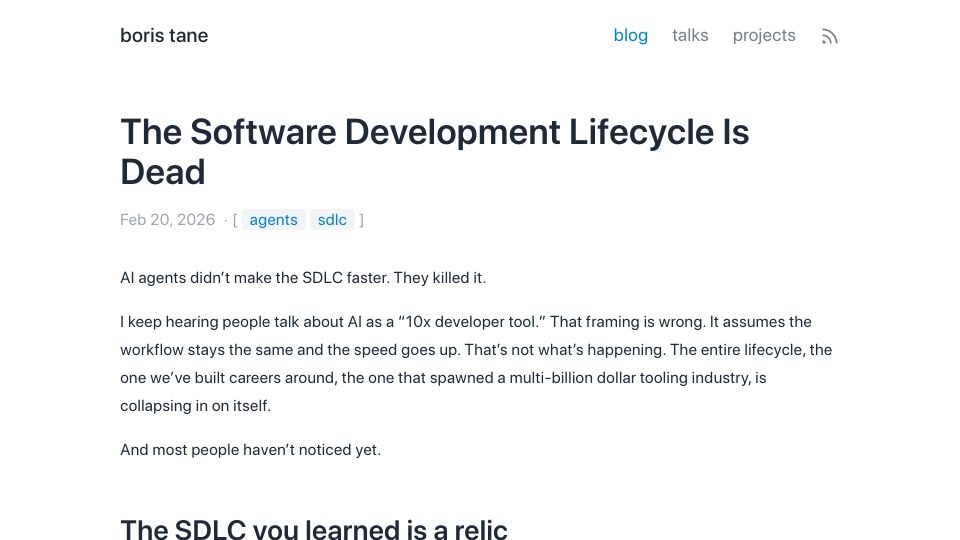 Screenshot of boristane.com: The Software Development Lifecycle Is Dead