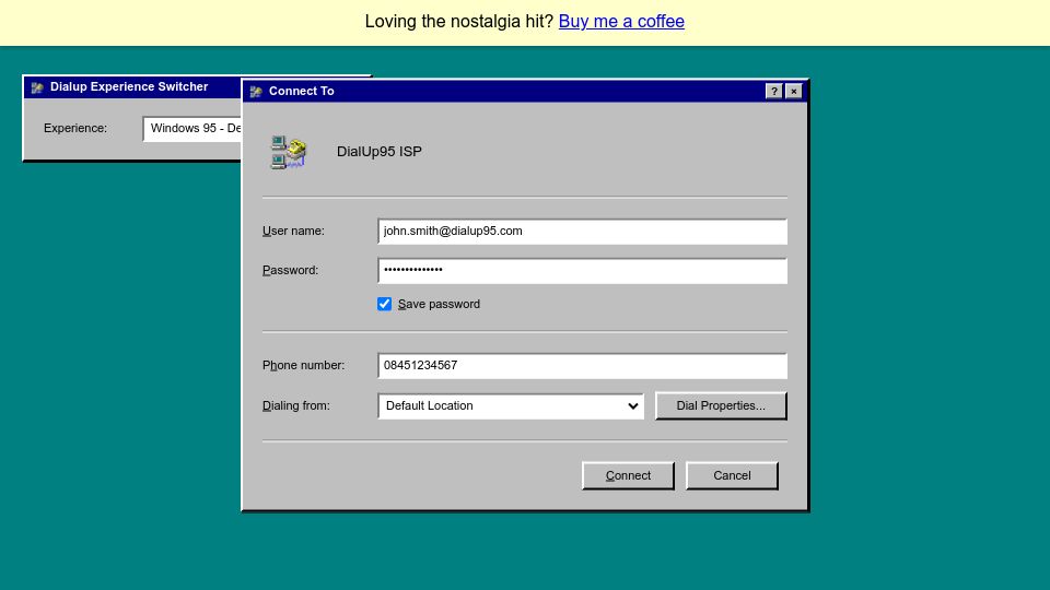 Screenshot of dialup95.com: DialUp95 – A 90s inspired nostalgia hit