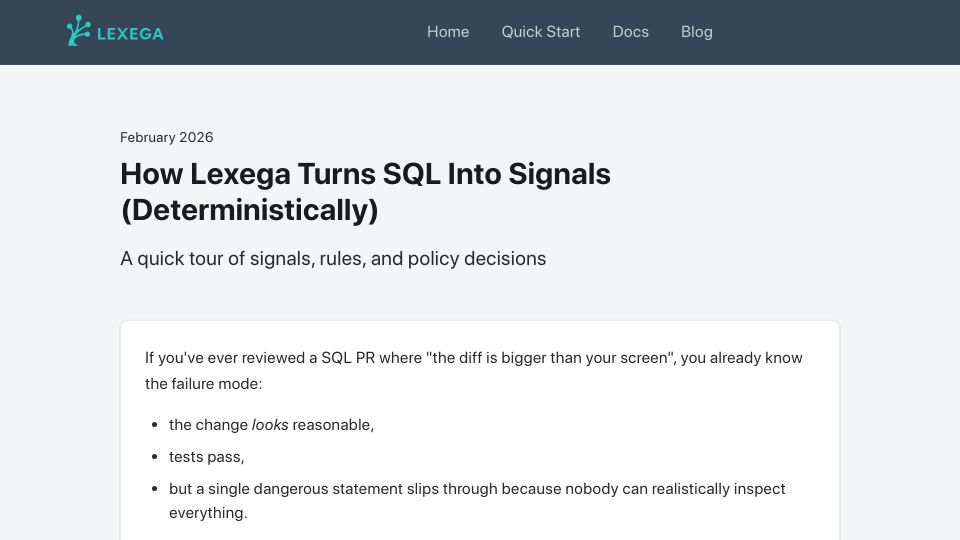 Screenshot of lexega.com: Lexega Turns SQL into Signals