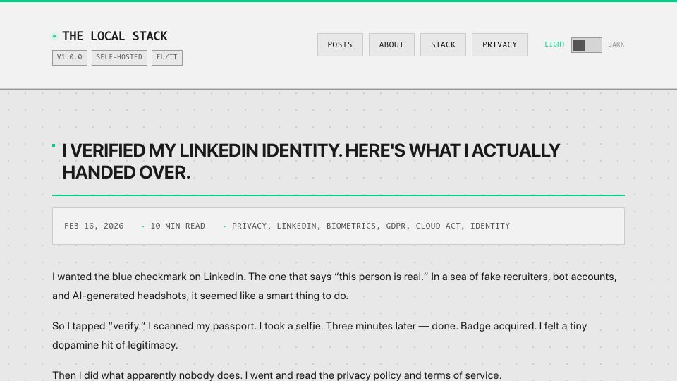 Screenshot of thelocalstack.eu: I verified my LinkedIn identity. Here's what I handed over