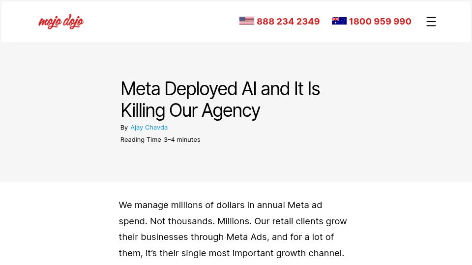 Screenshot of mojodojo.io: Meta Deployed AI and It Is Killing Our Agency