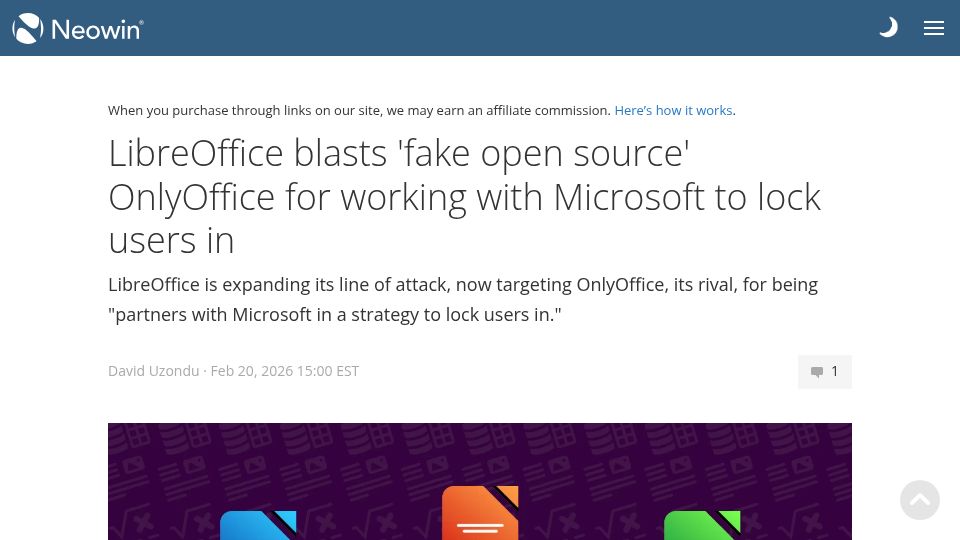 Screenshot of neowin.net: LibreOffice blasts OnlyOffice for working with Microsoft to lock users in