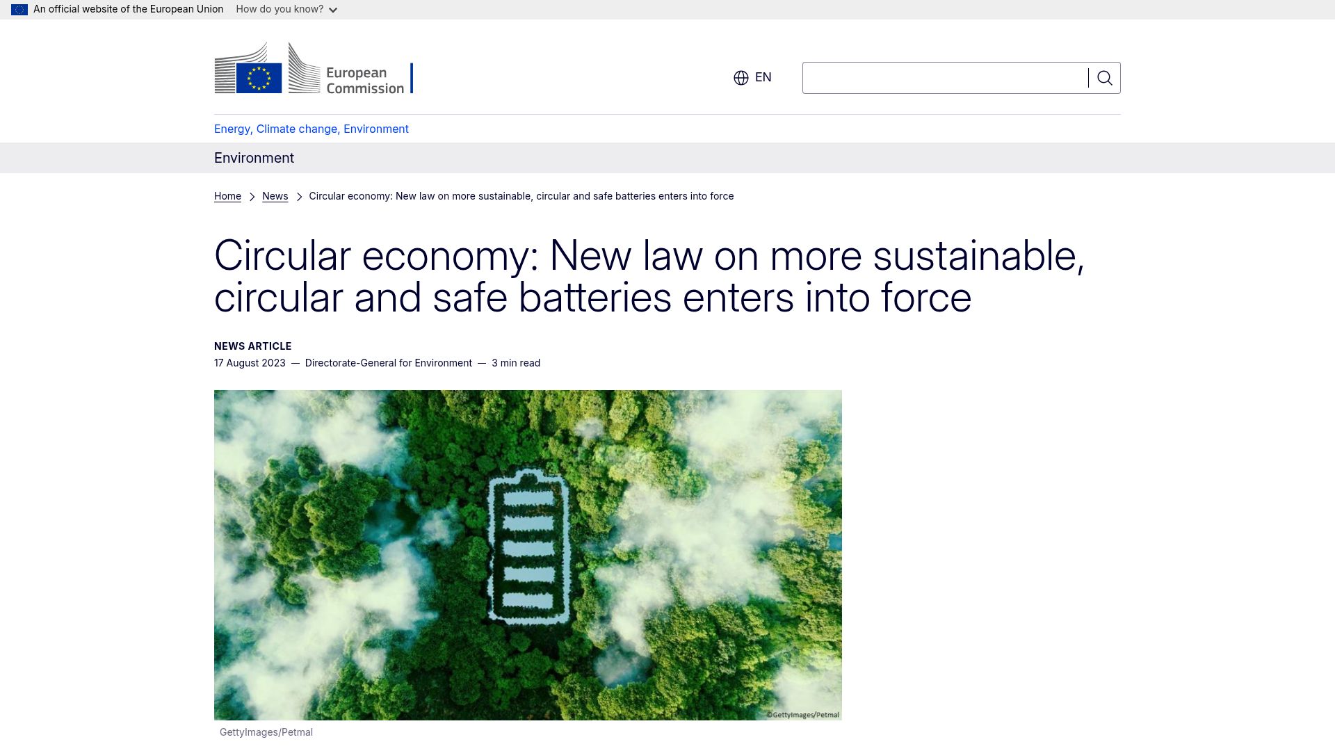 Screenshot of environment.ec.europa.eu: EU mandates replaceable batteries by 2027 (2023)