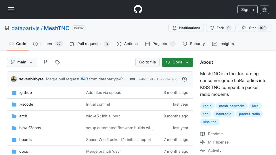 Screenshot of github.com: MeshTNC is a tool for turning consumer grade LoRa radios into KISS TNC compatib