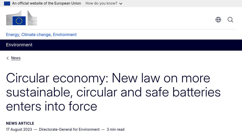 Screenshot of environment.ec.europa.eu: EU mandates replaceable batteries by 2027 (2023)